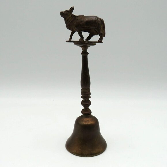 Vintage Indian 7" Cast Metal Brass Temple Bell Braham Bull Finial Ornate Handle - Picture 1 of 10